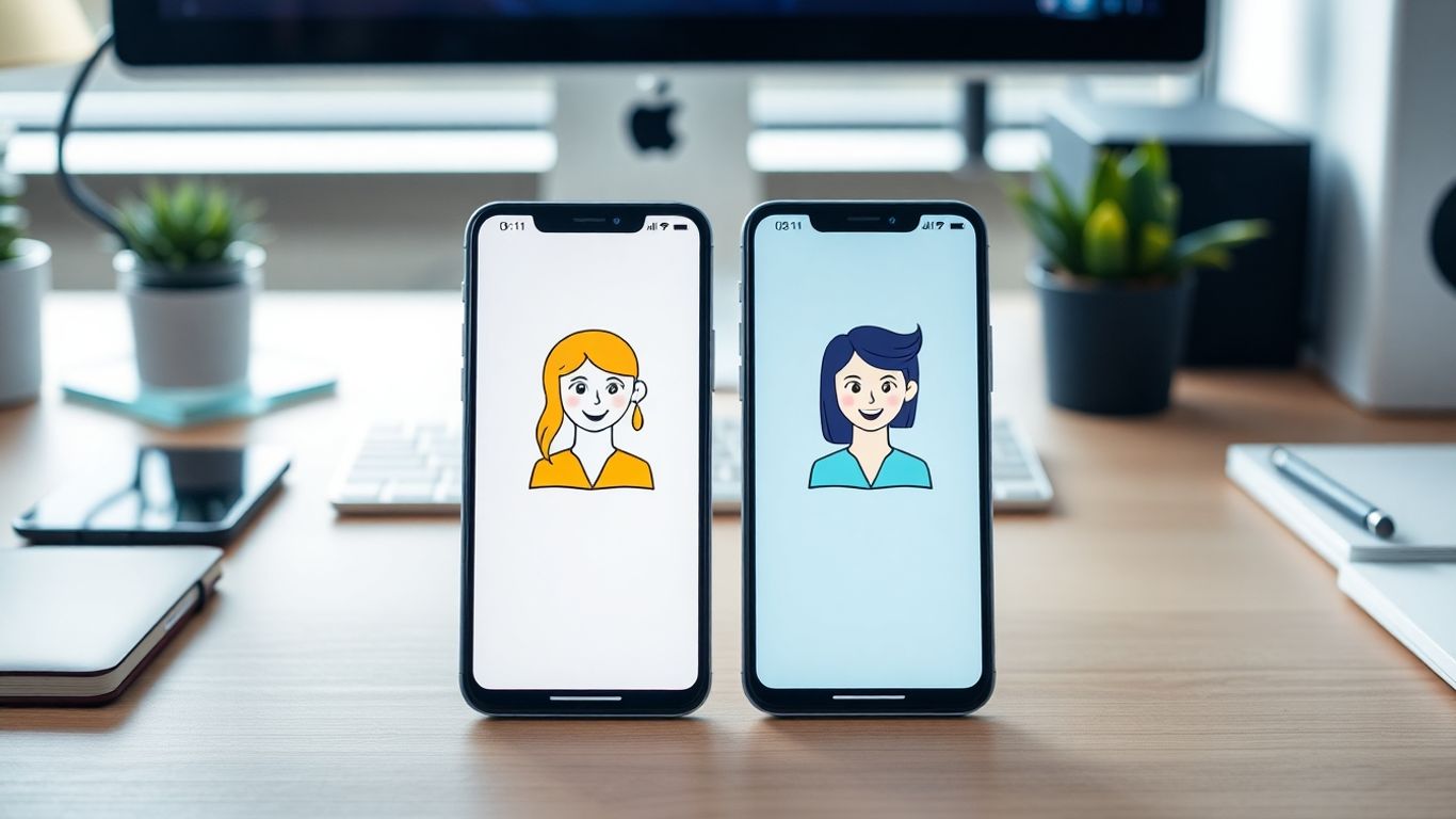 Two smartphones with digital assistant avatars on a modern desk.