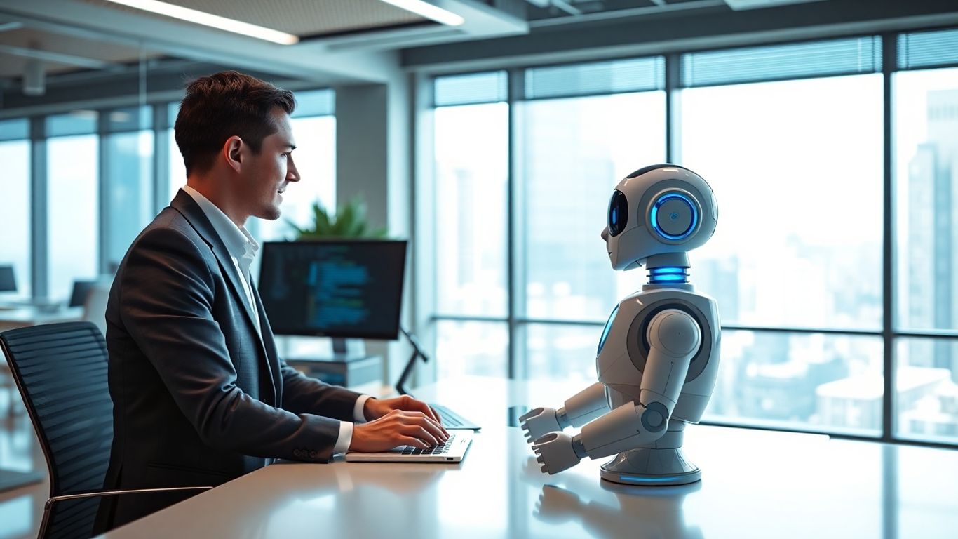 AI robot assisting professional in modern office workspace