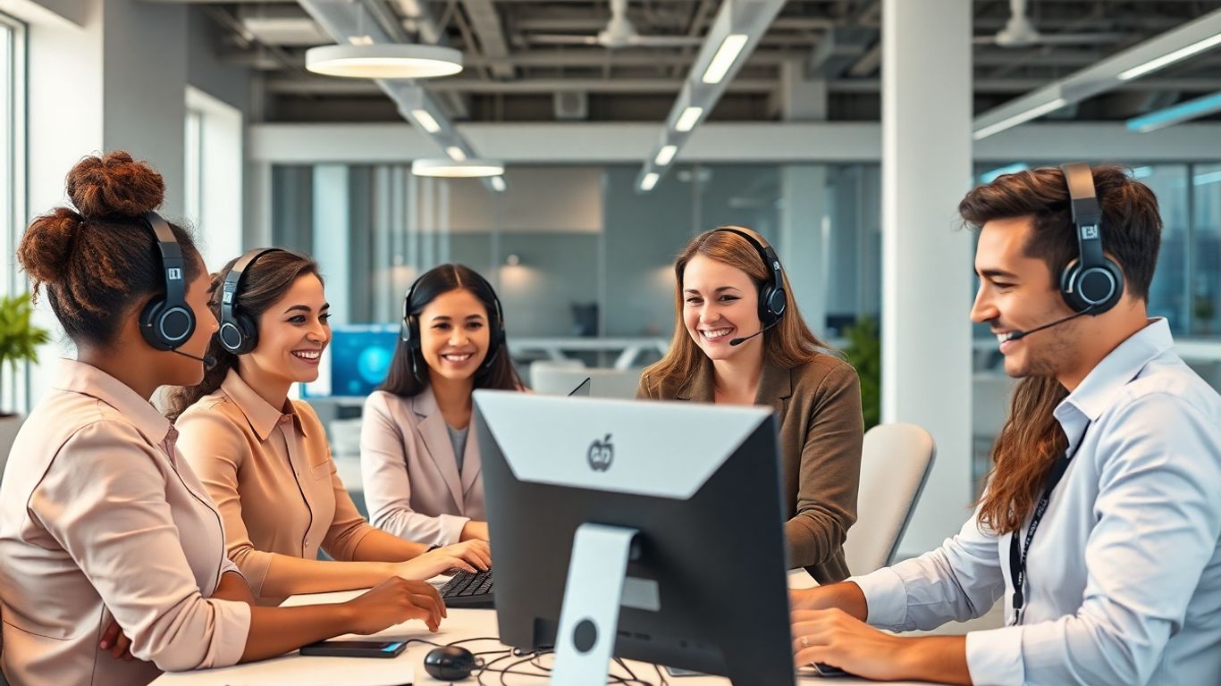Modern office with professionals using AI service headsets