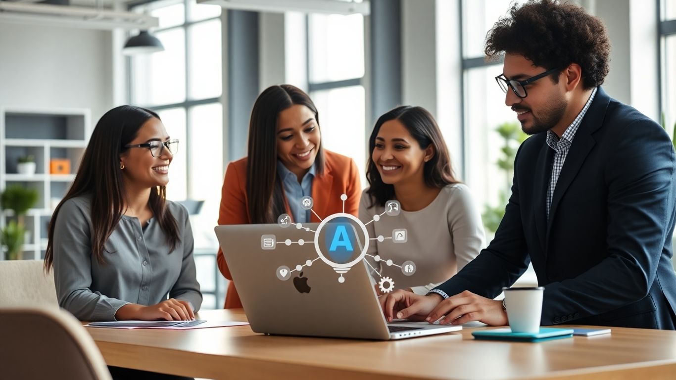 Small business owners discussing AI technology in modern office