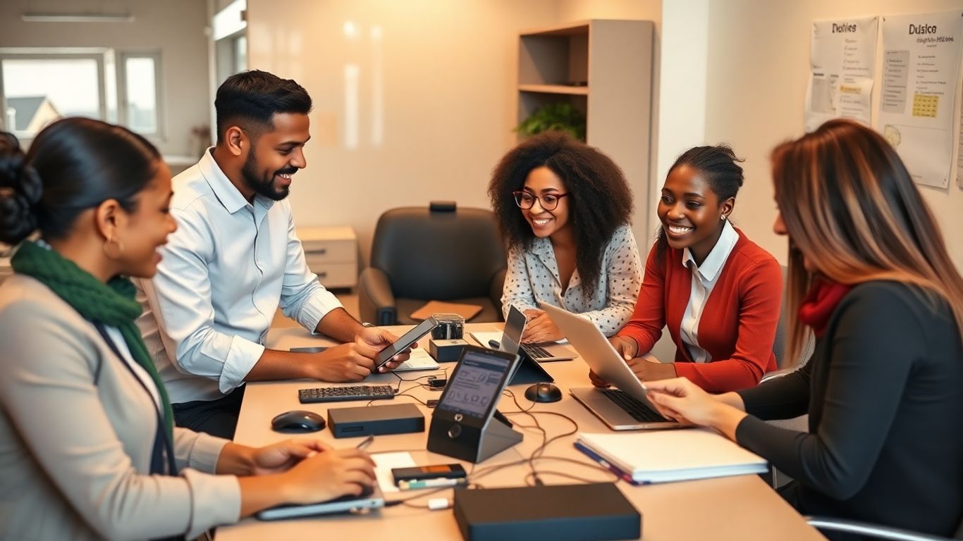 Small business team working with digital assistant device