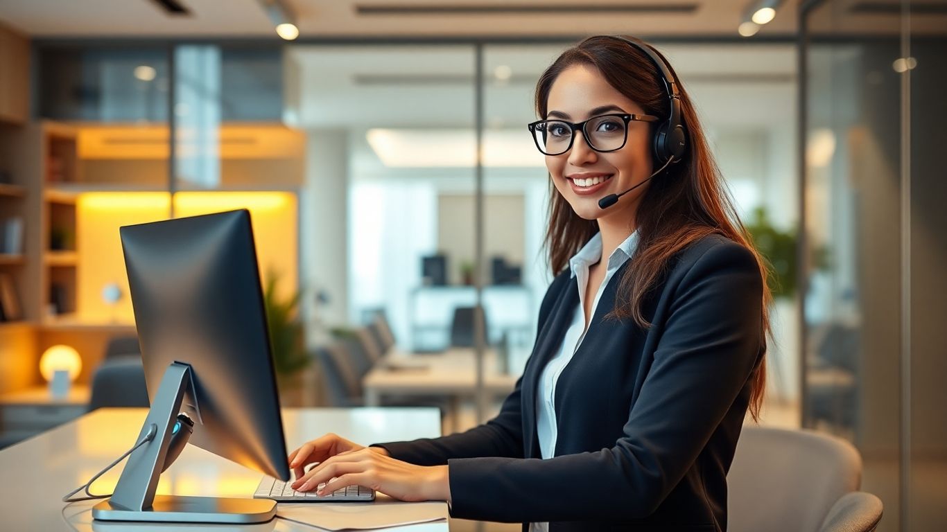 Receptionist with headset at computer in modern office