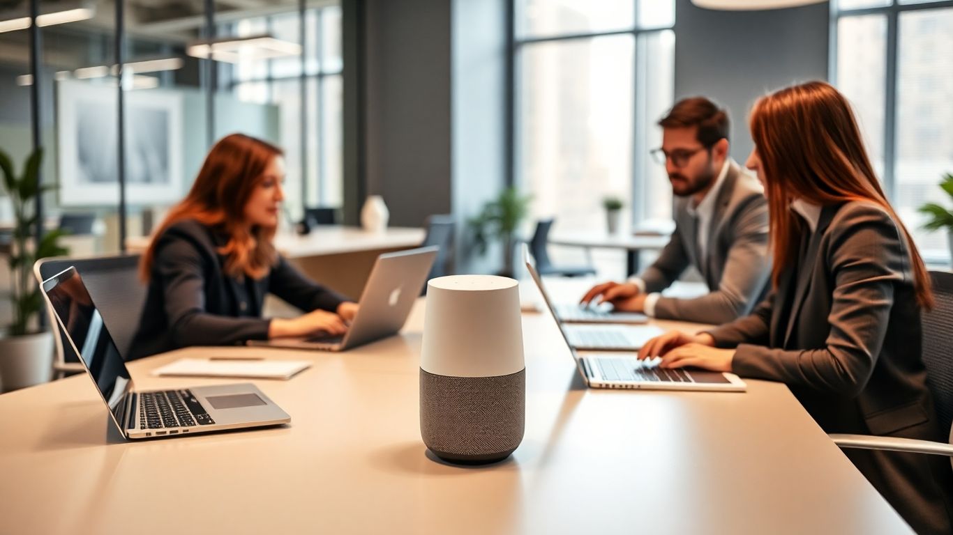 Team collaborates with voice assistant in modern office