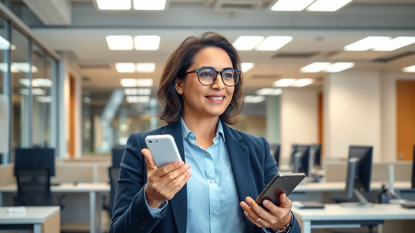 Property manager using AI voice assistant in office