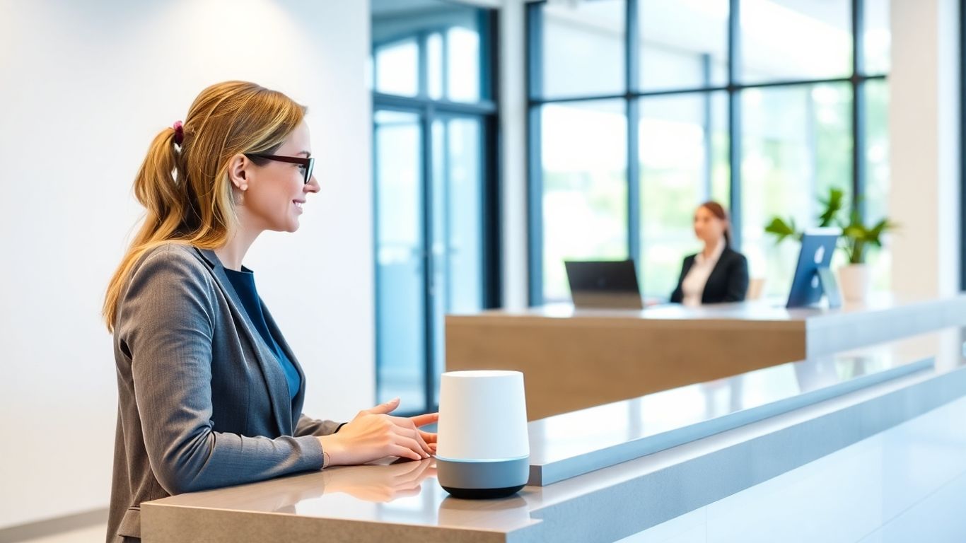 Property manager interacts with AI voice assistant at modern desk.