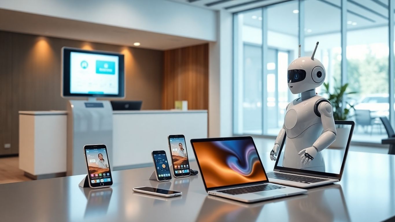 AI robot and devices at a busy office reception desk.