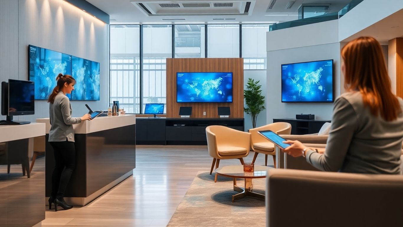 Receptionist using digital technology in a modern office