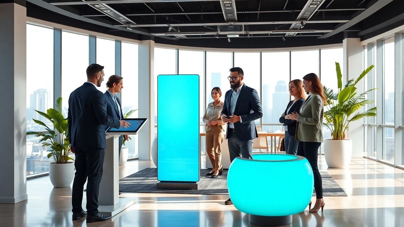 Virtual receptionist hologram greets professionals in modern office.