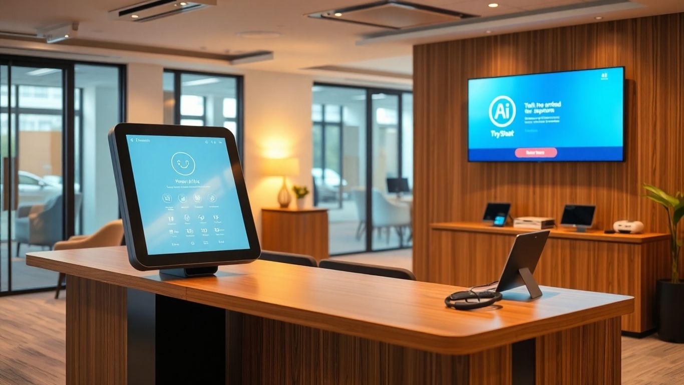 AI virtual receptionist touchscreen in a modern office lobby