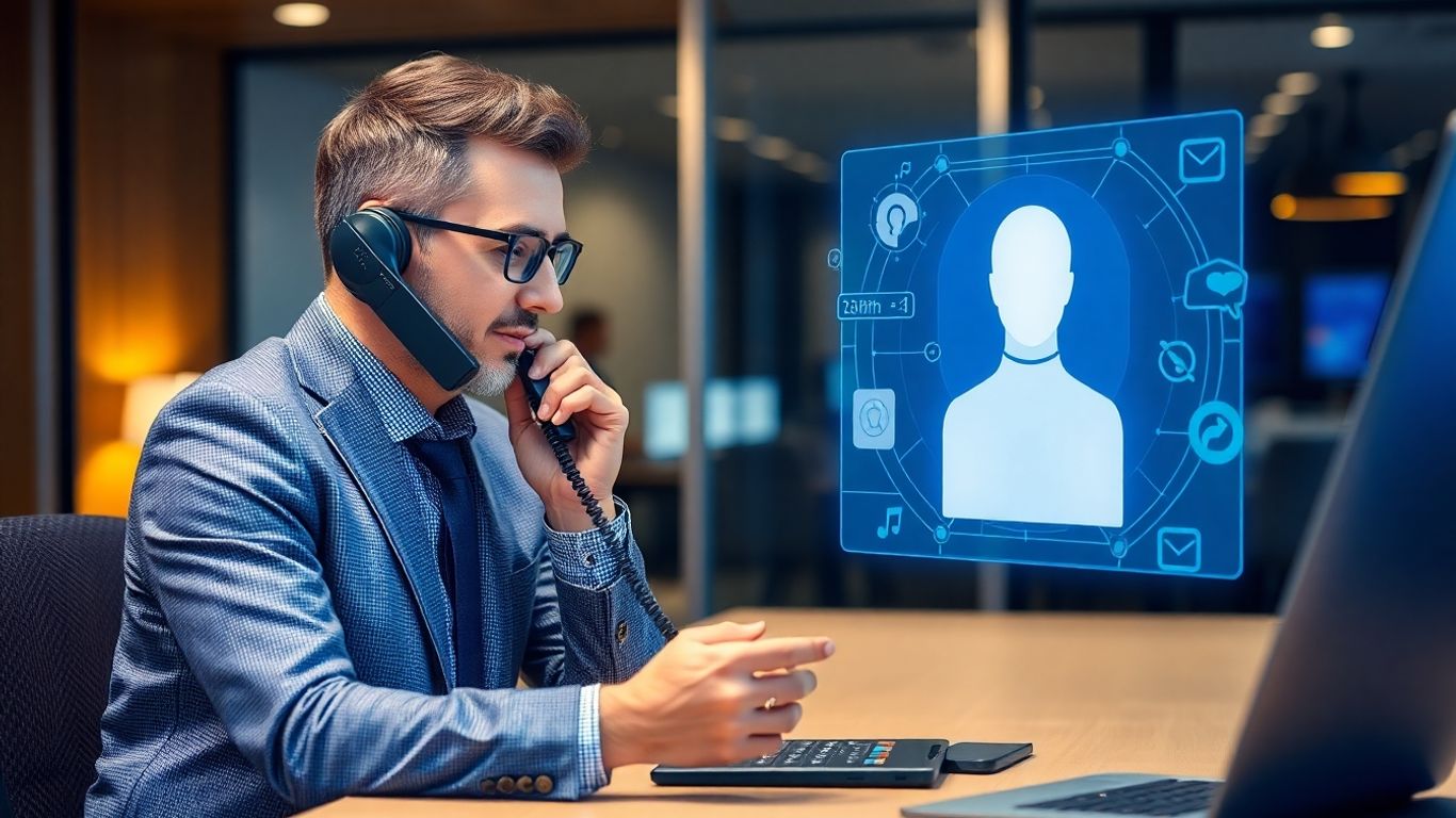 Businessperson with digital assistant in modern office setting