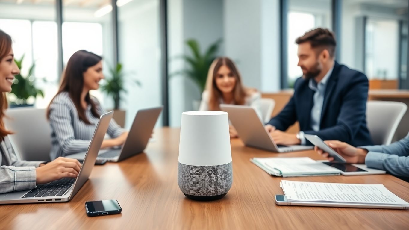 Digital voice assistant on desk in busy modern office
