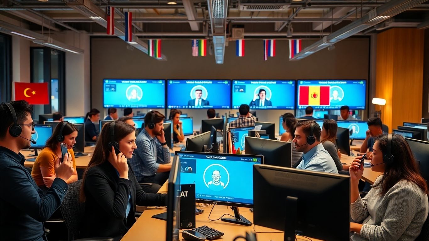 Diverse professionals using technology for multilingual business communication.