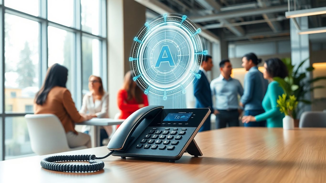 People in office with futuristic AI phone system