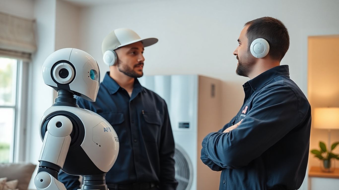 HVAC technician interacting with AI robot in home environment.