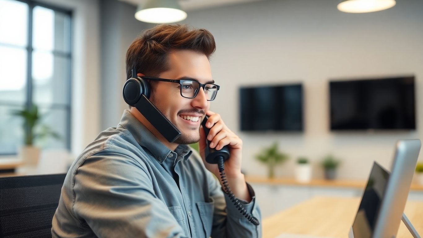 HVAC technician on phone in modern tech-focused office