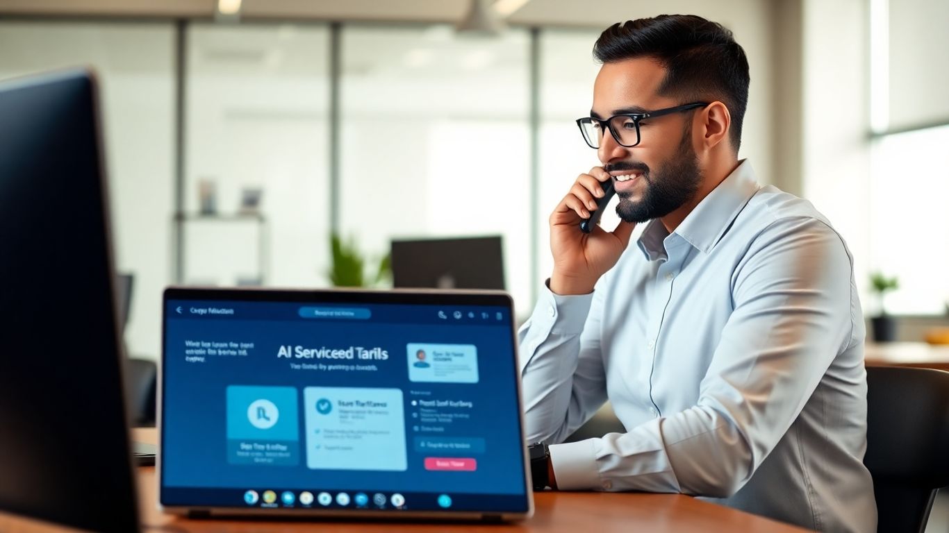 Business professional using AI call answering in office