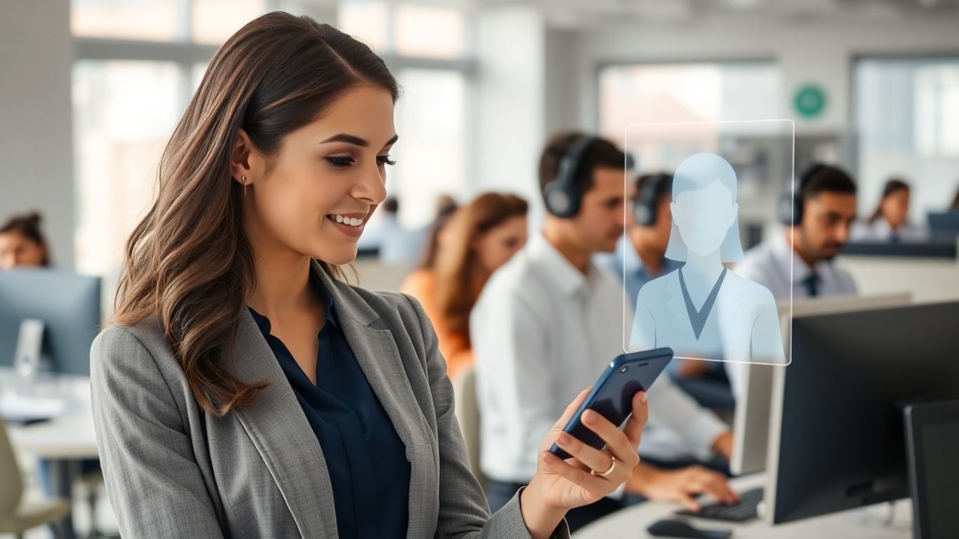 Businesswoman with digital assistant hologram in office