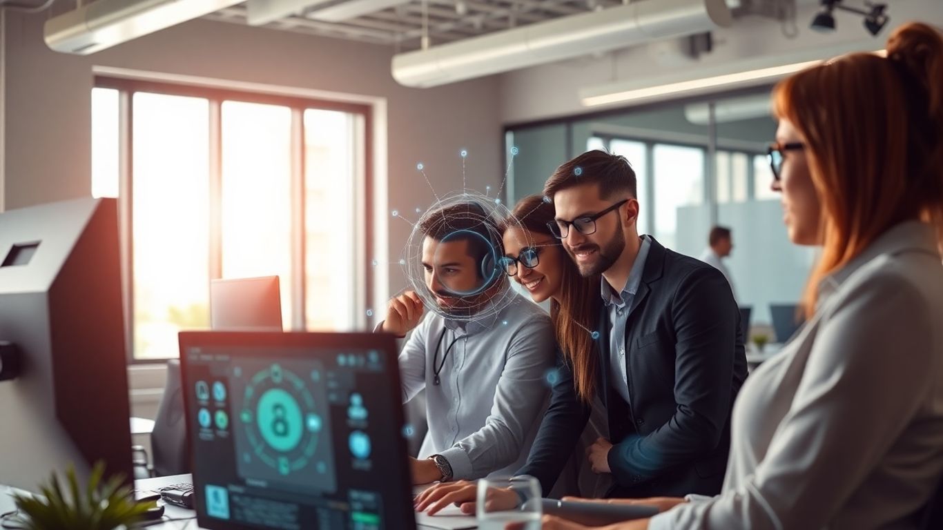 Business team collaborating with AI call answering service