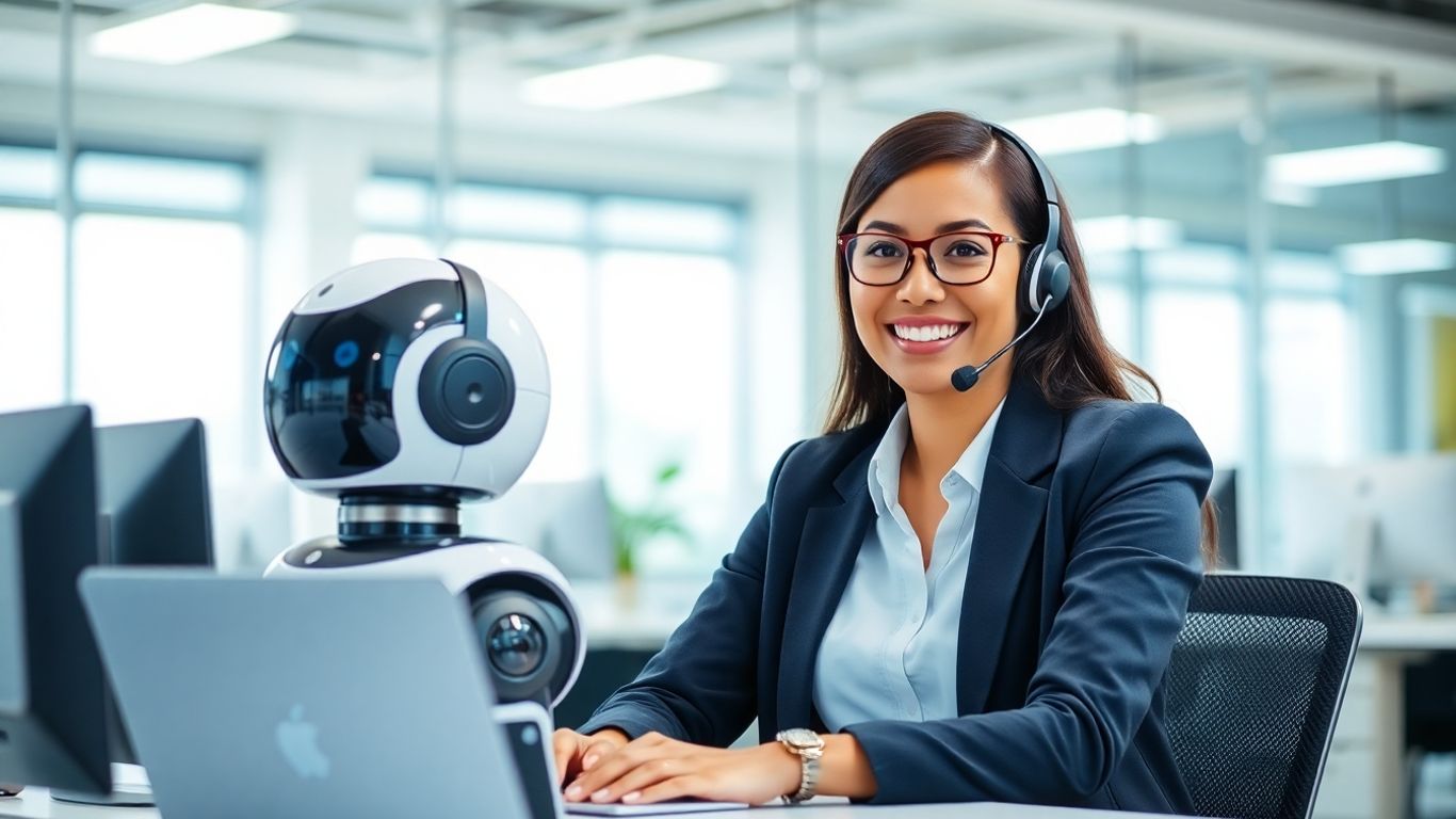 Human agent and robot collaborating at office desks