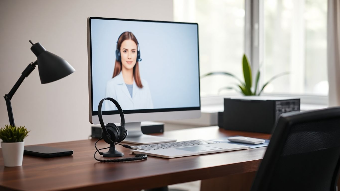 Desk with headset, computer, and virtual assistant avatar