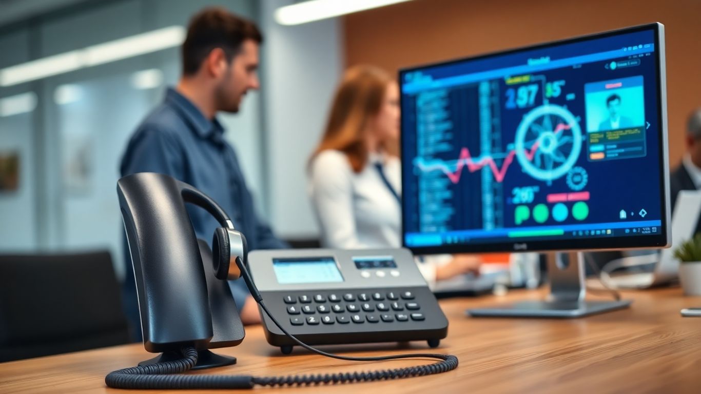 Modern office desk with headset and digital interface