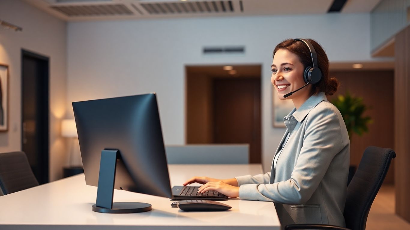 Receptionist in office using voice AI technology