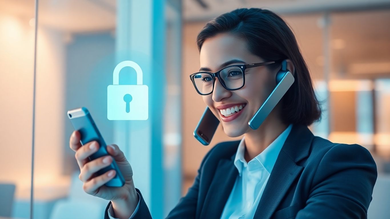 Businessperson with smartphone in secure high-tech office setting.