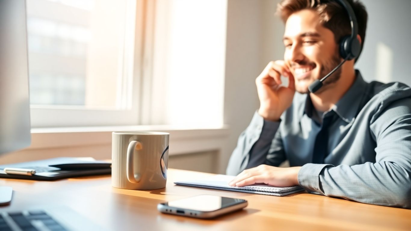 Business owner using phone headset at modern office desk