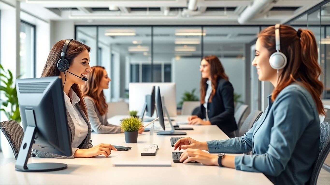 Virtual receptionist assisting team in modern bright office