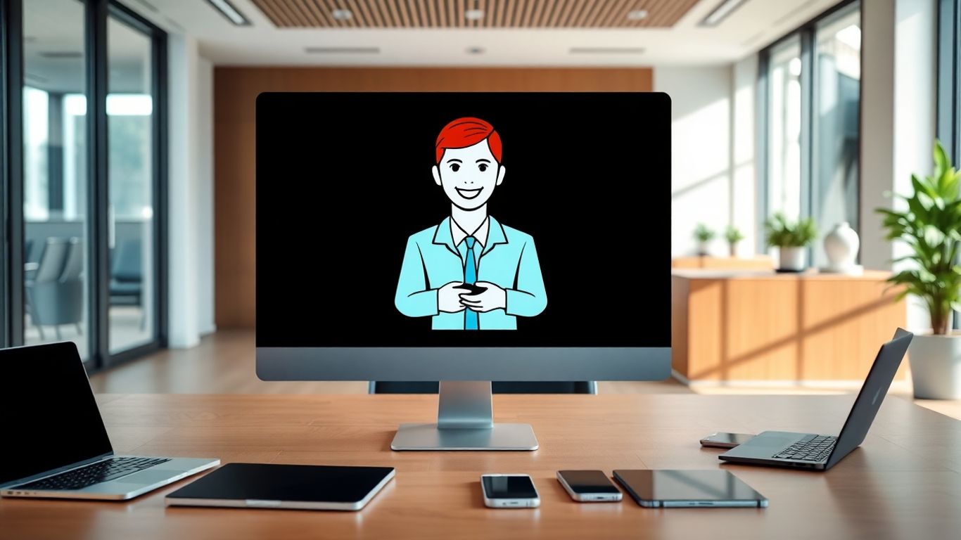 Virtual receptionist on screen in sleek modern office setting.