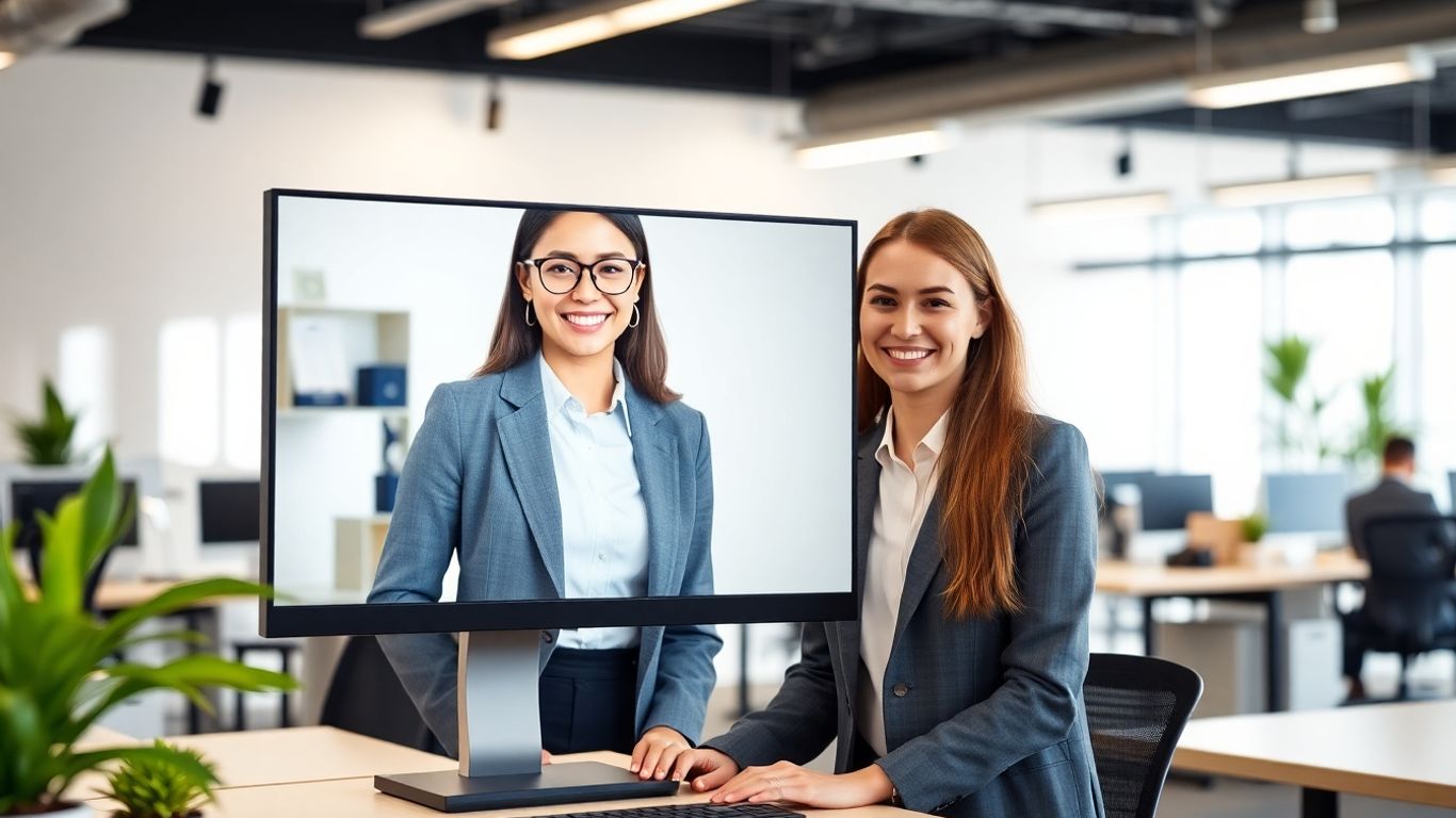Virtual receptionist on screen greets business professional in office.
