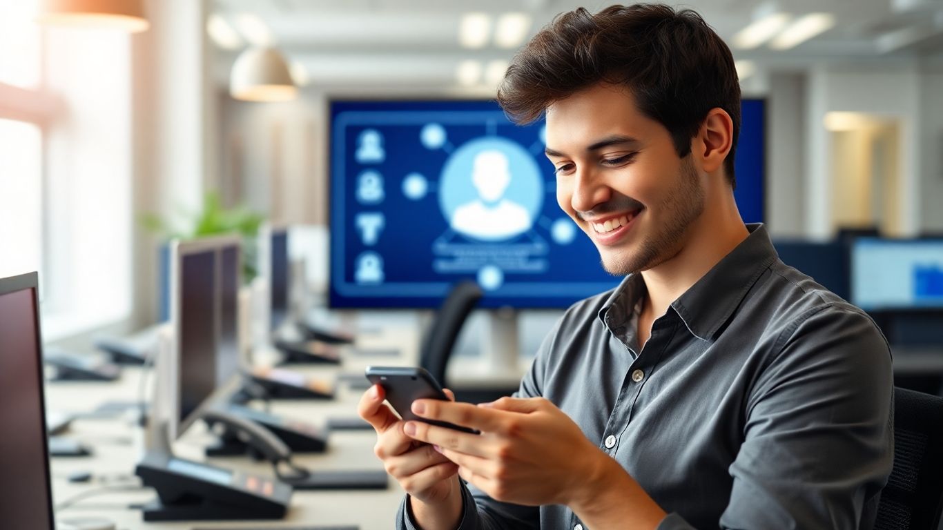 Small business owner using smartphone with AI assistant nearby.