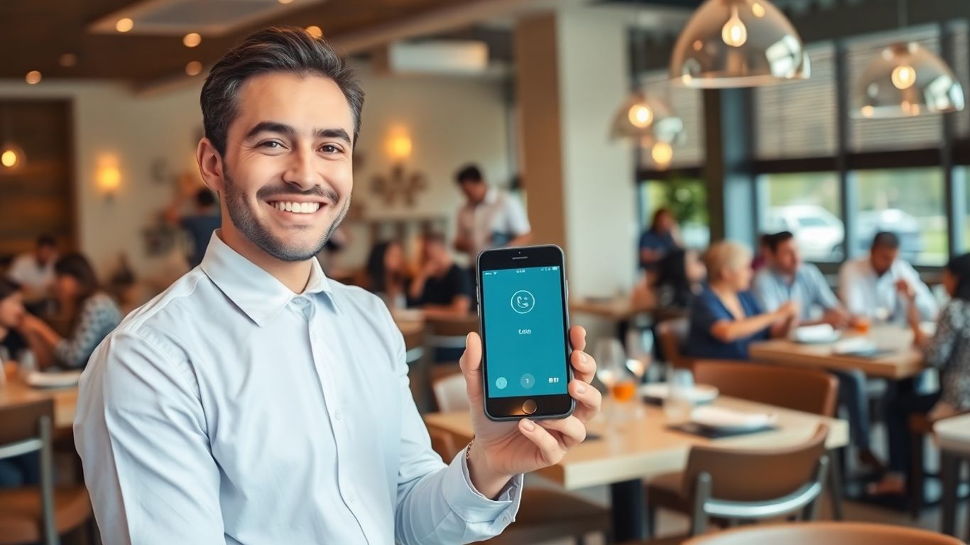 Waiter answering smartphone in busy restaurant setting.