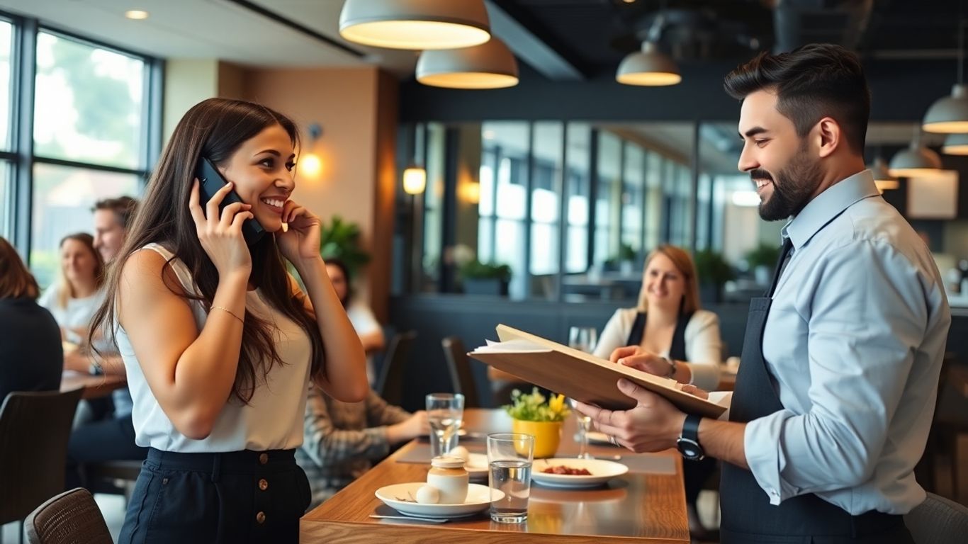 Restaurant hostess answering phone with guests being seated.