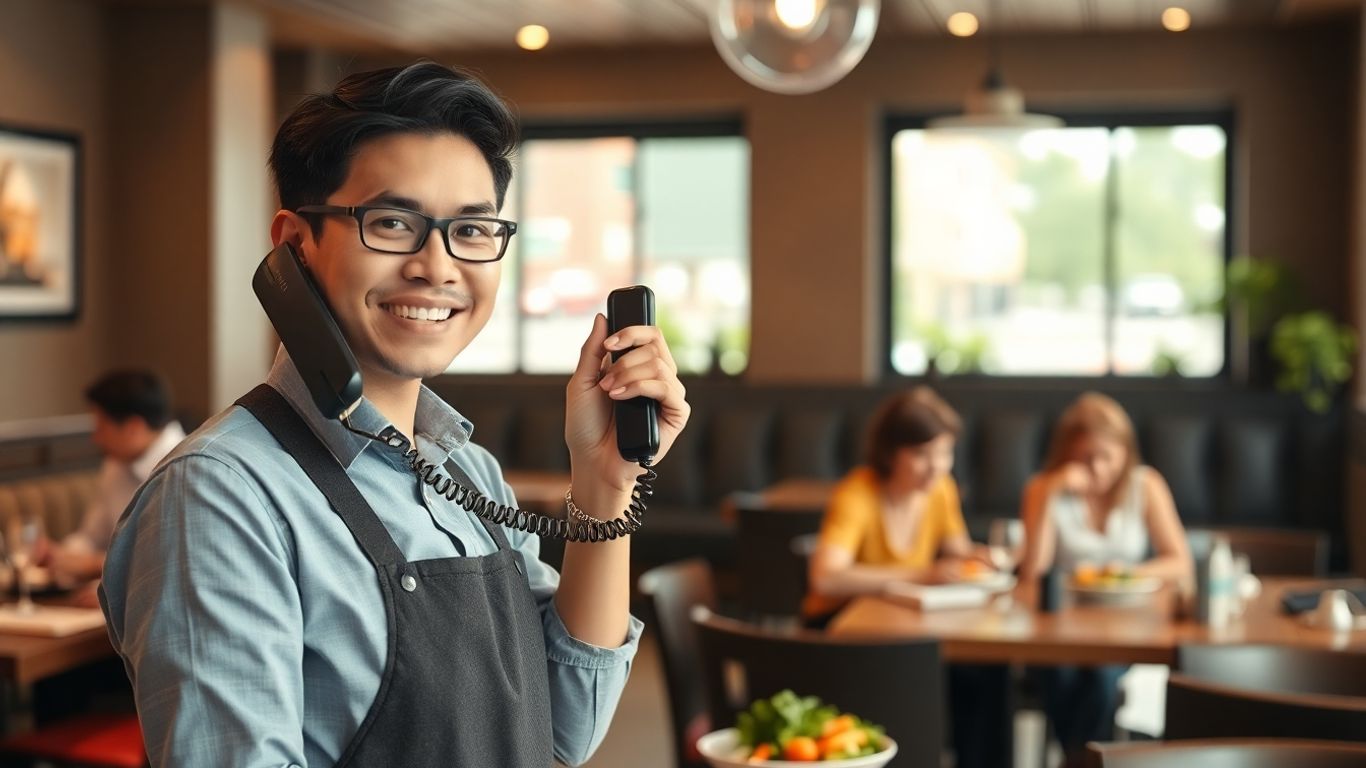 Restaurant host answers phone with smiling diners in background