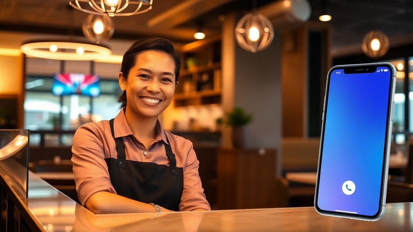 Smiling restaurant host with smartphone at reservation counter