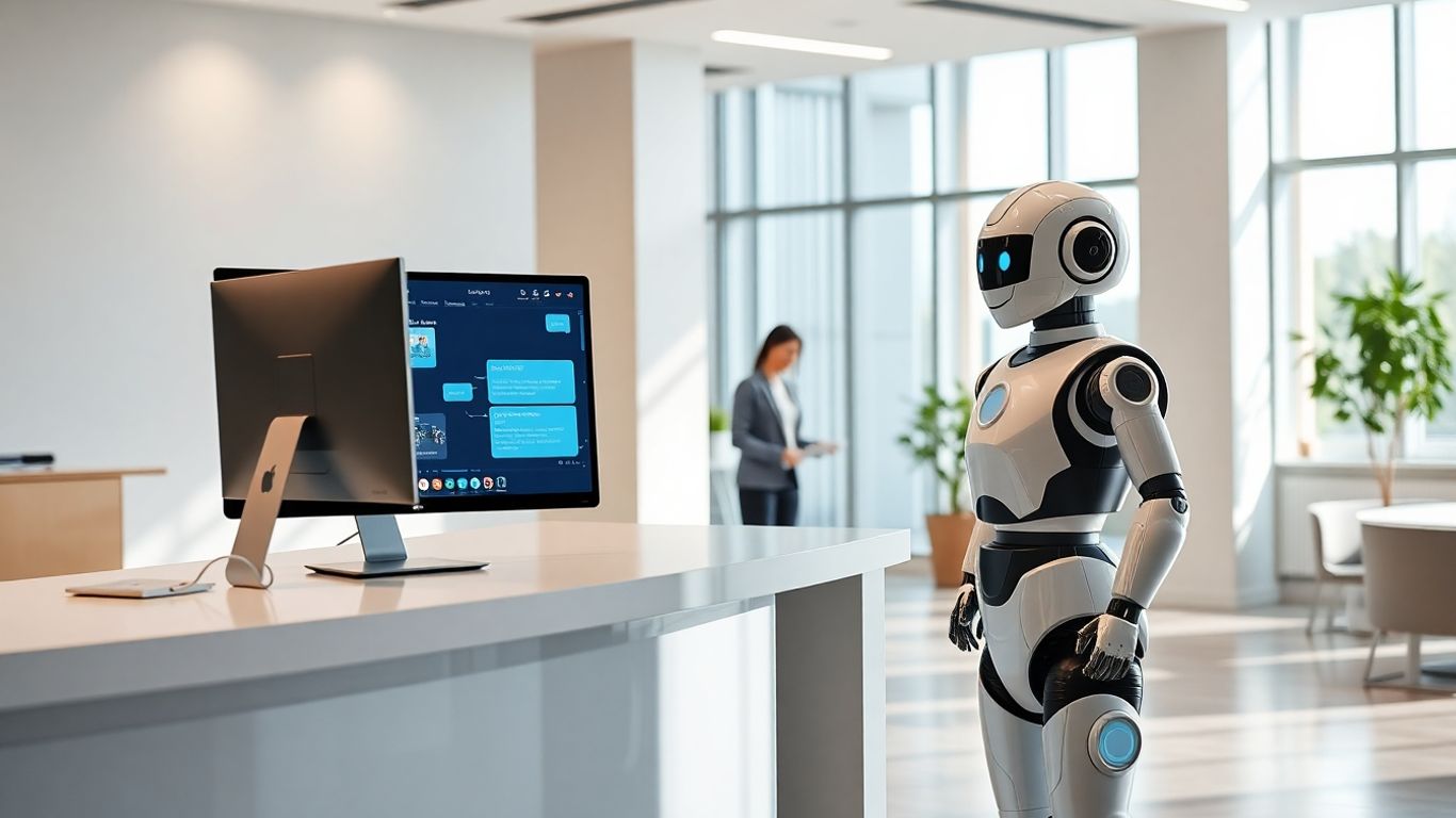 Businessperson interacts with lifelike robot assistant at reception desk.