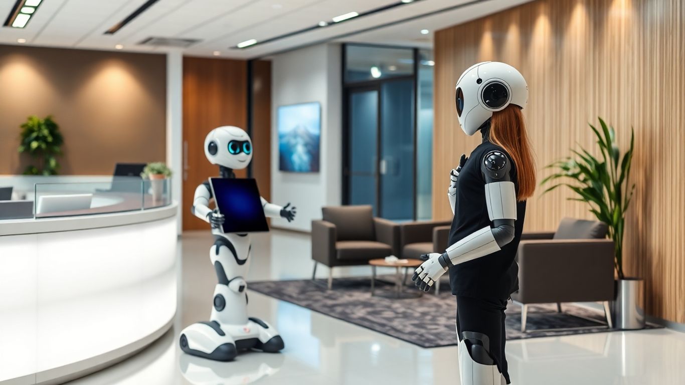 Humanoid robot greeting visitors in a modern office reception.