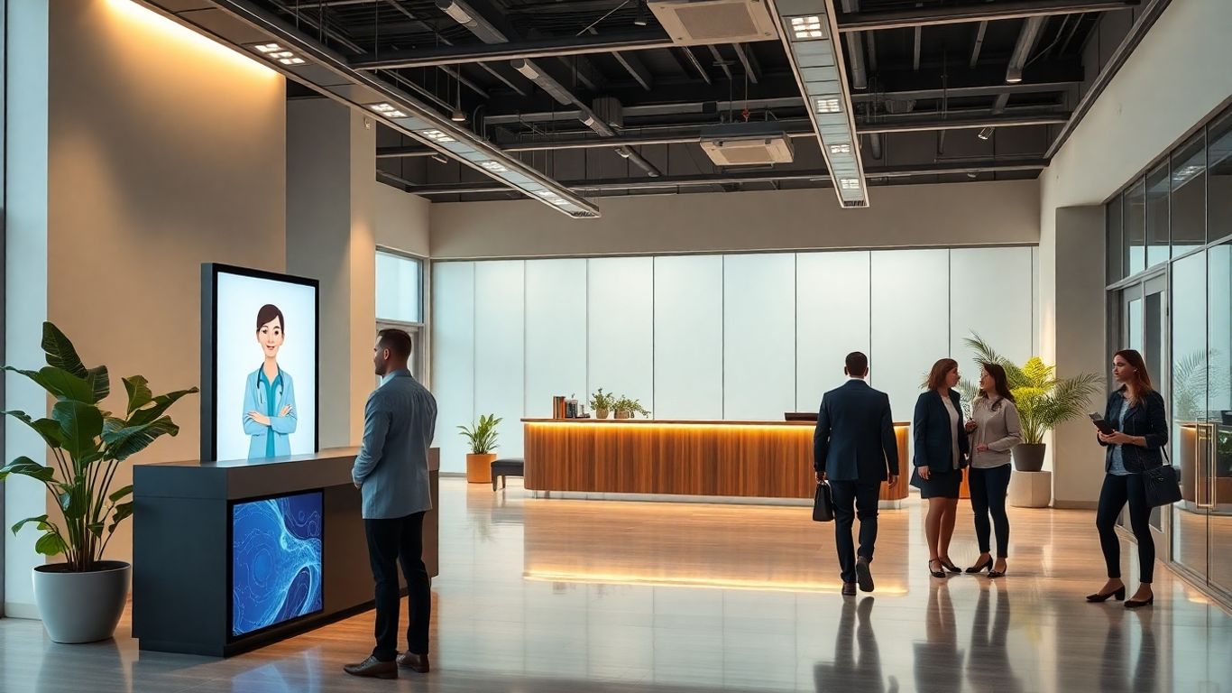 AI assistant greeting visitors at a business reception desk
