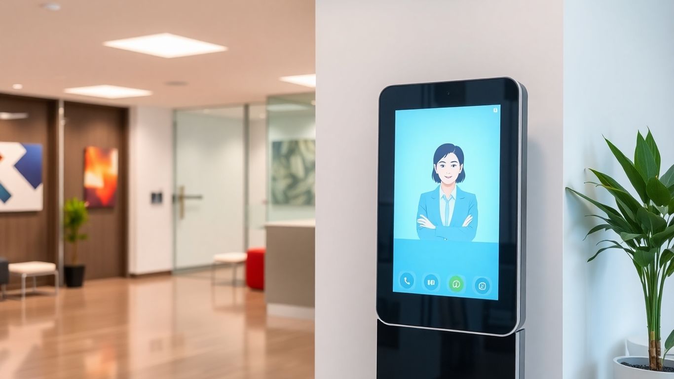 Digital kiosk with virtual receptionist in modern office lobby