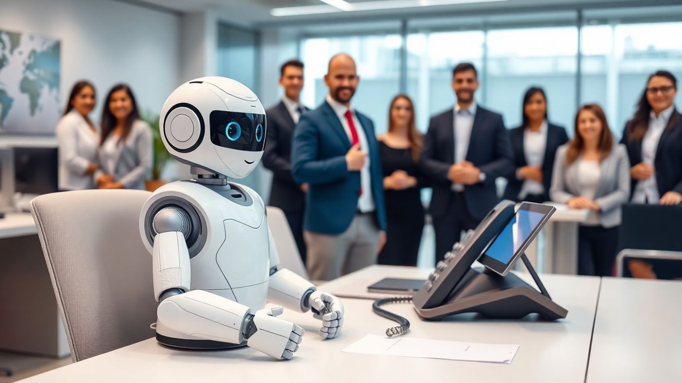 AI robot answering phone in busy modern office