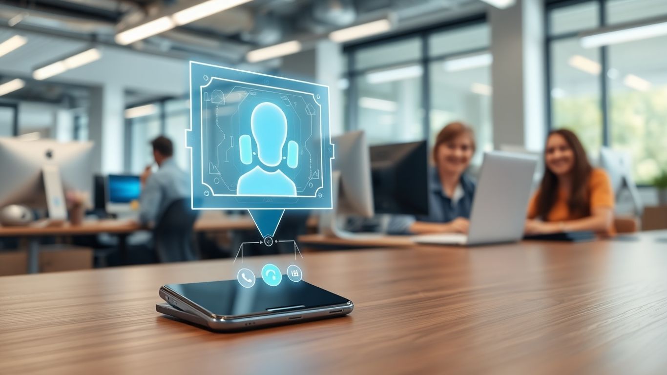 Smartphone with AI hologram answering call in modern office
