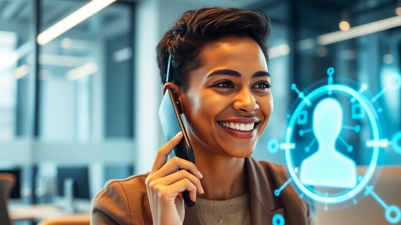 Smiling customer on phone with AI interface beside