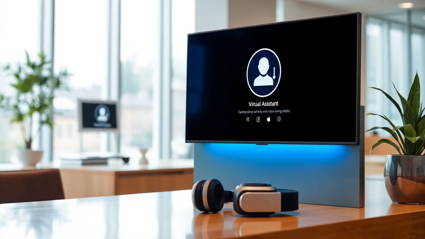 Modern office with virtual receptionist and headset