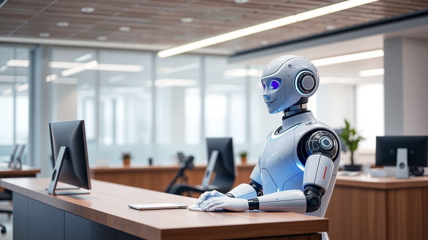 AI robot receptionist greeting visitors in modern office lobby