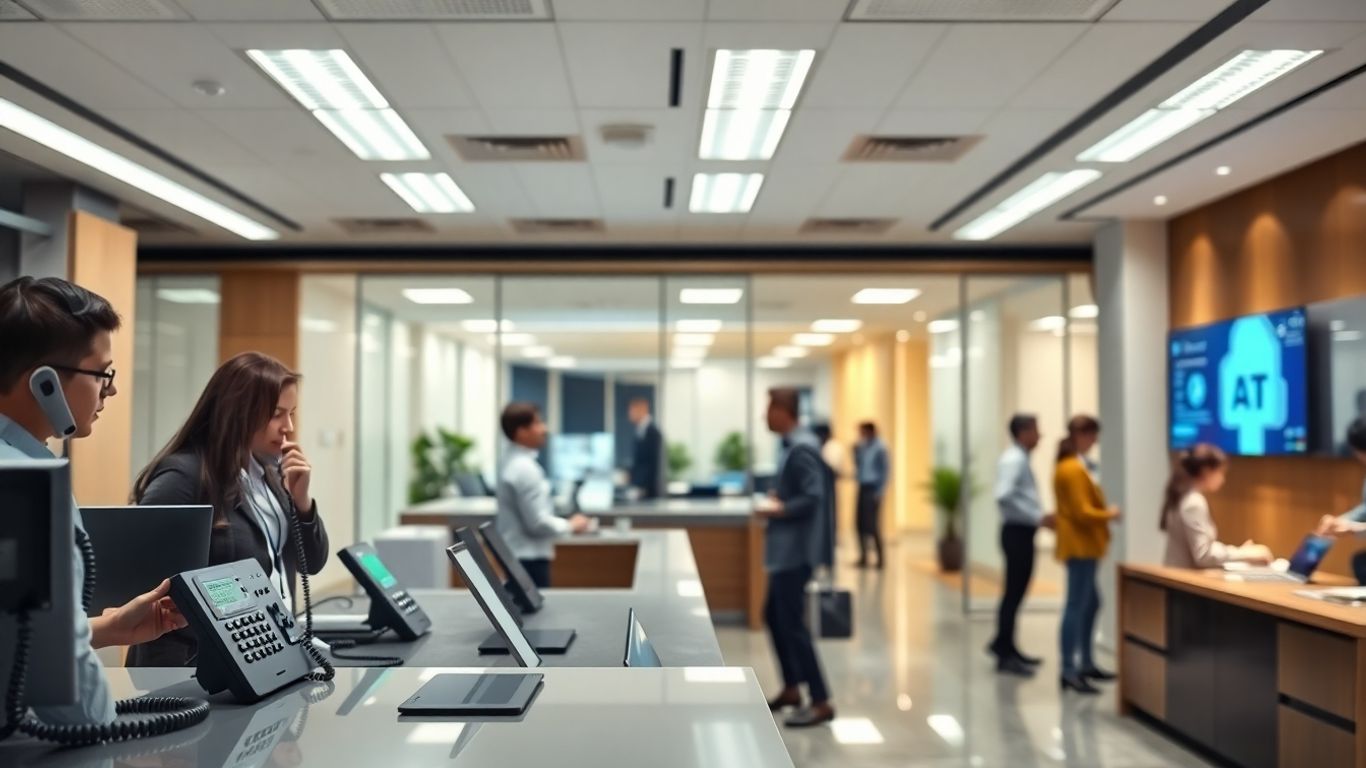 Busy office lobby with AI-powered digital receptionist interface.