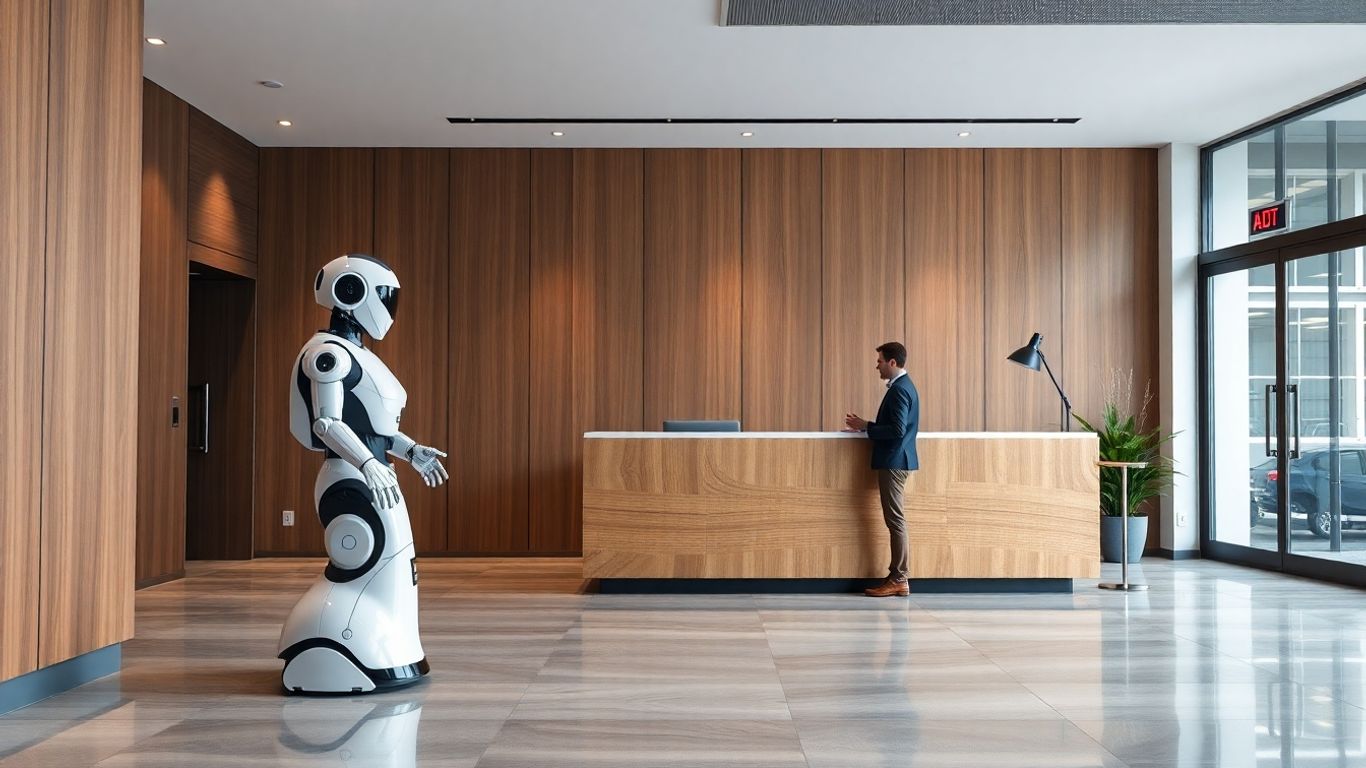 AI robot receptionist greeting visitor in modern office lobby.