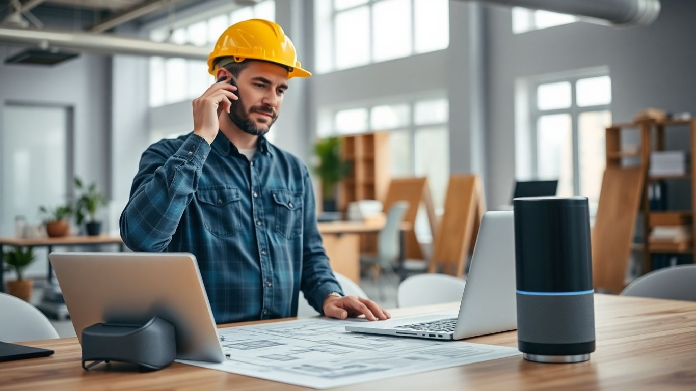 Contractor in office with smartphone and AI assistant