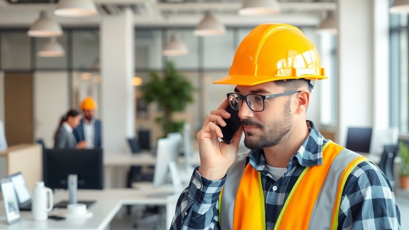 Contractor on phone with AI assistants in office