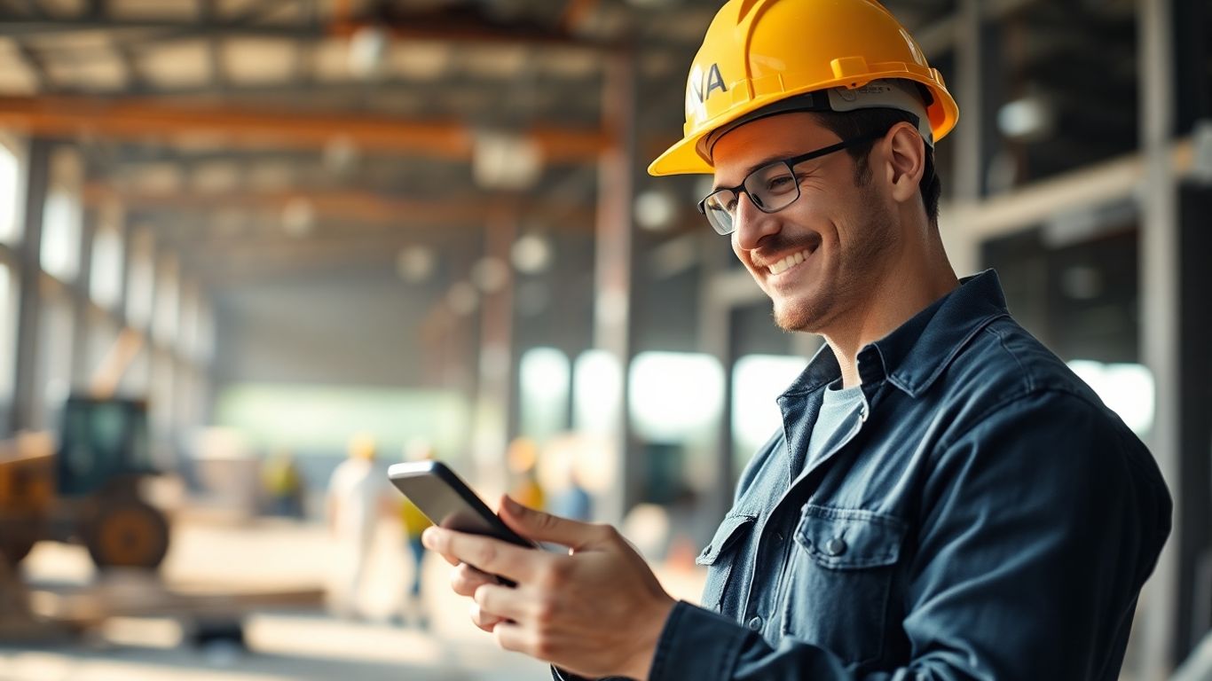 Contractor with hard hat at site using smartphone